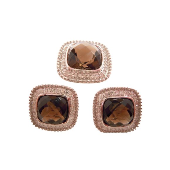 Rope-Motif Cushion Smoky Quartz Diamonds Halo Jewelry set in 14k gold - Picture 1 of 4